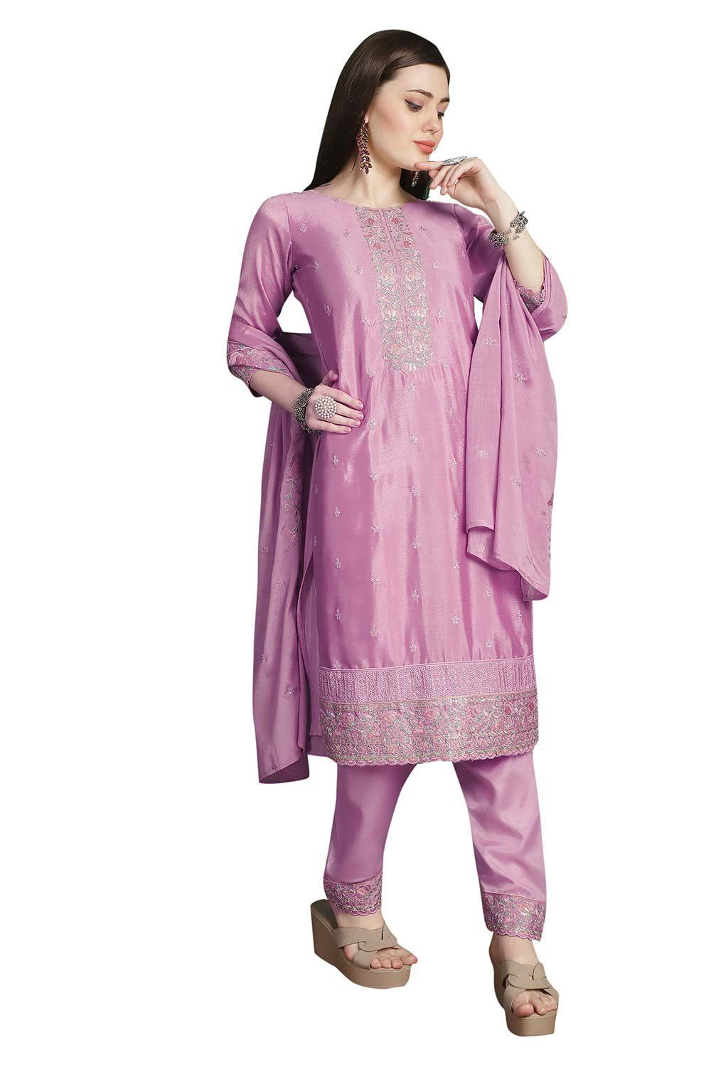 Pink Chinon Chiffon Embroidered Dress Material