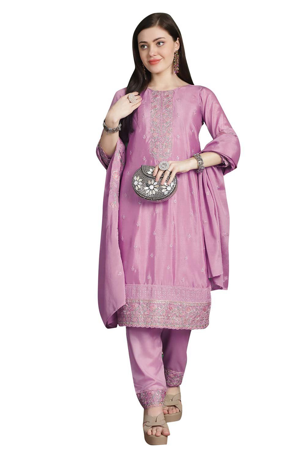 Pink Chinon Chiffon Embroidered Dress Material