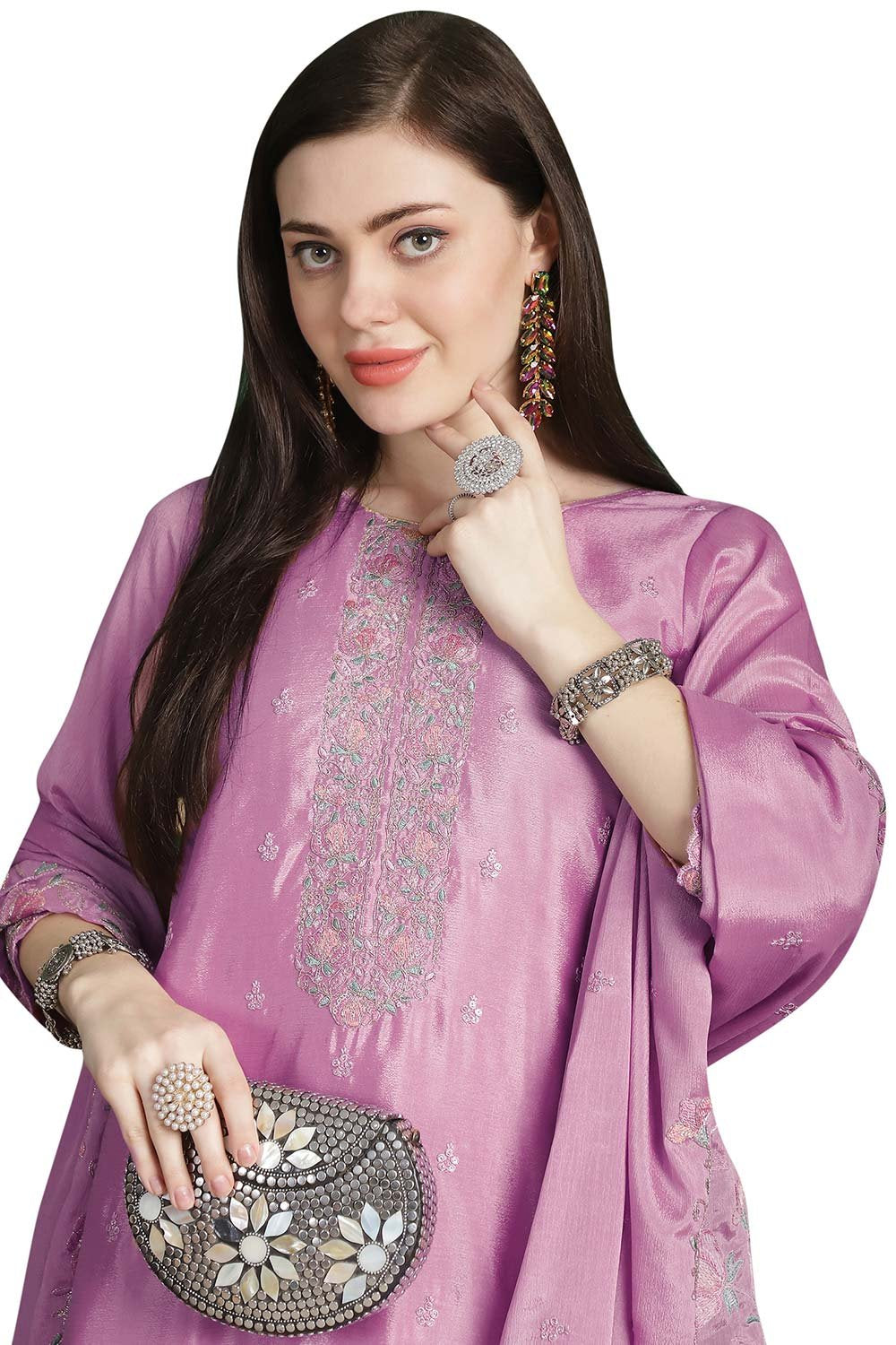 Pink Chinon Chiffon Embroidered Dress Material