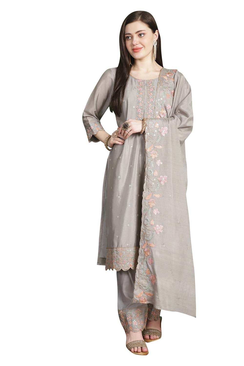 Grey Chinon Chiffon Embroidered Dress Material