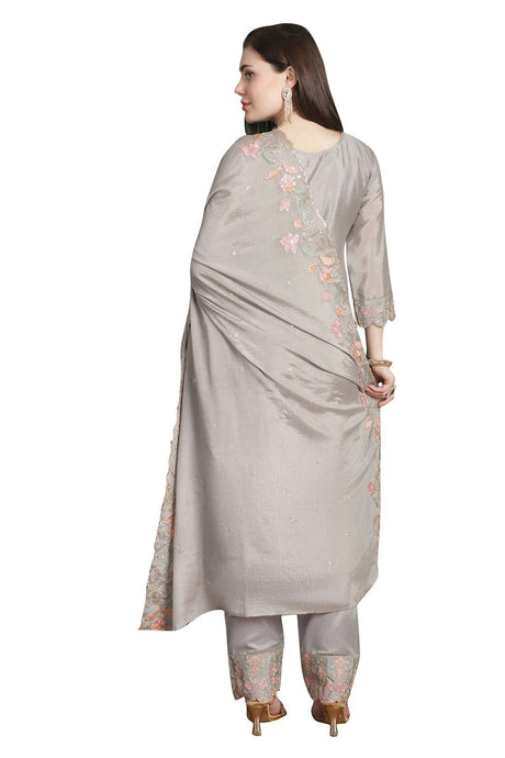 Grey Chinon Chiffon Embroidered Dress Material