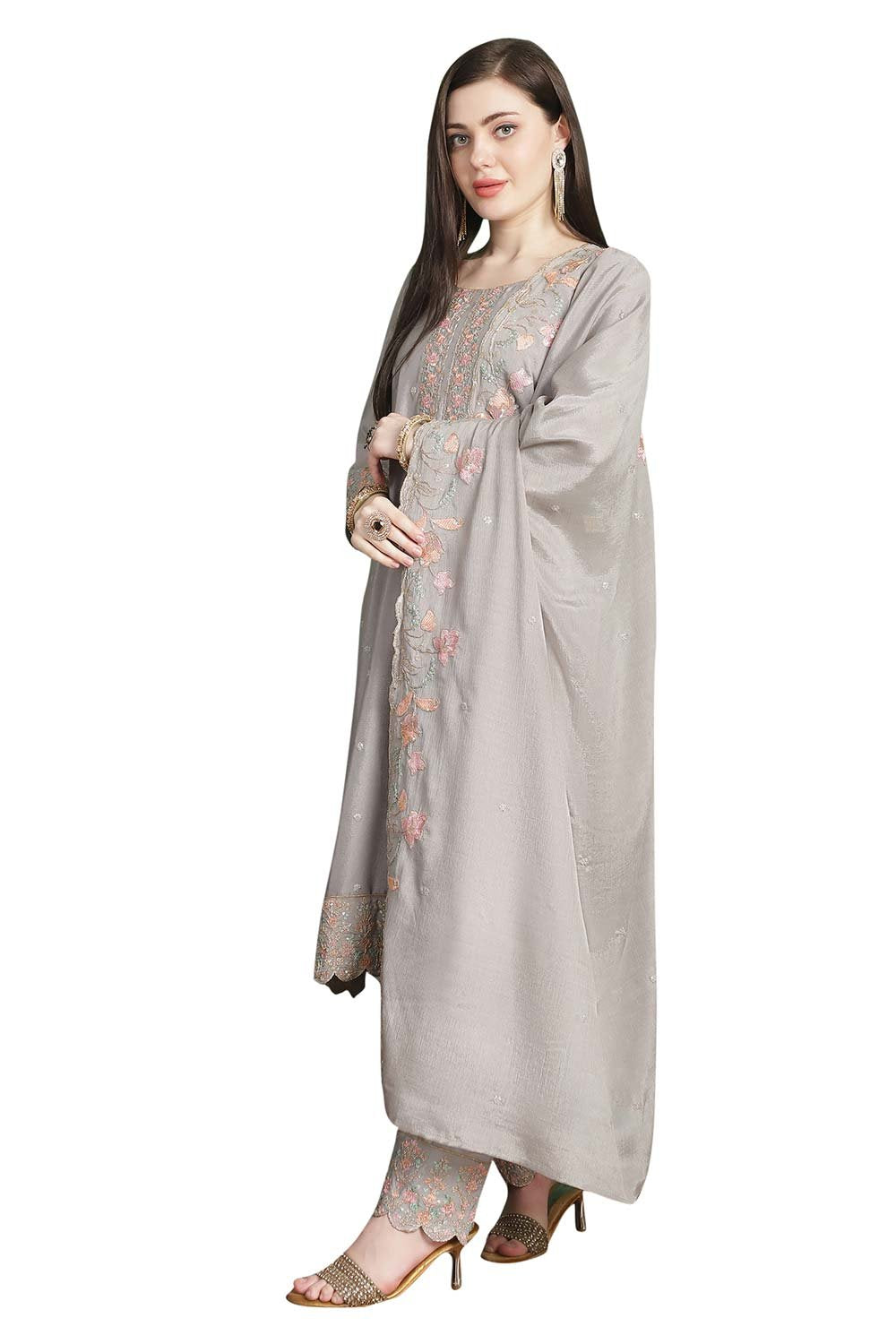 Grey Chinon Chiffon Embroidered Dress Material