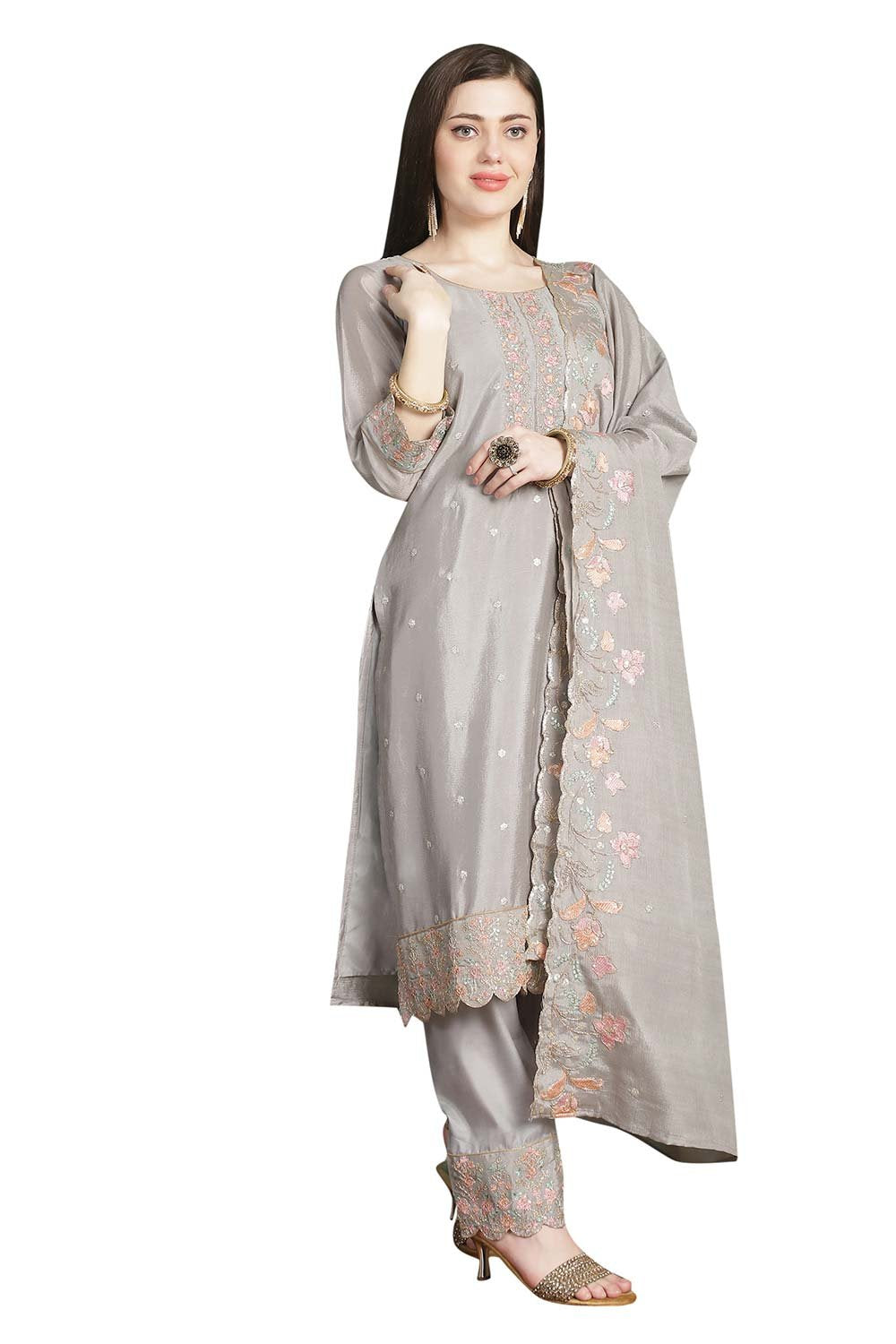 Grey Chinon Chiffon Embroidered Dress Material