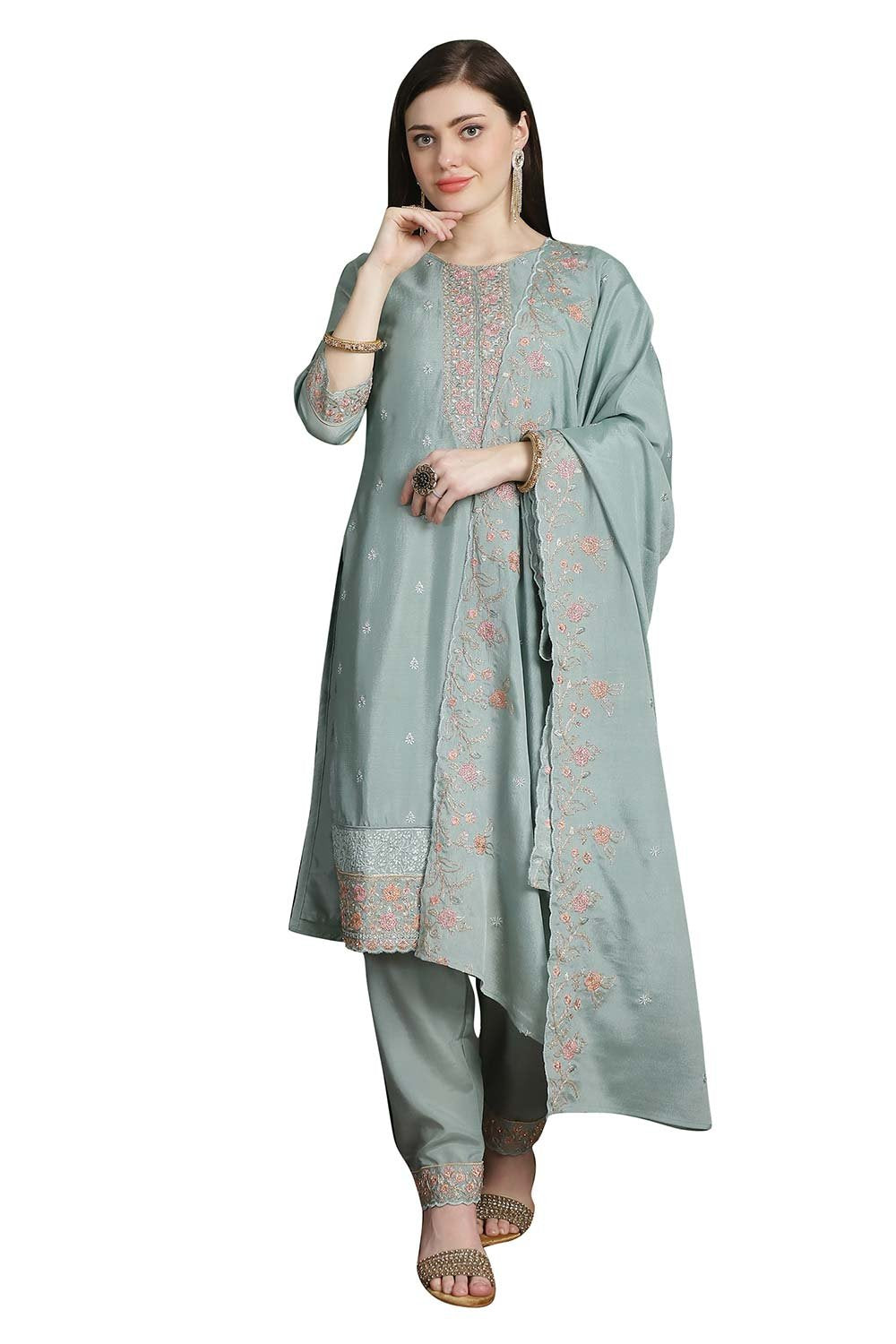 Turquoise Chinon Chiffon Embroidered Dress Material