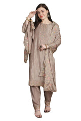 Beige Chinon Chiffon Embroidered Dress Material