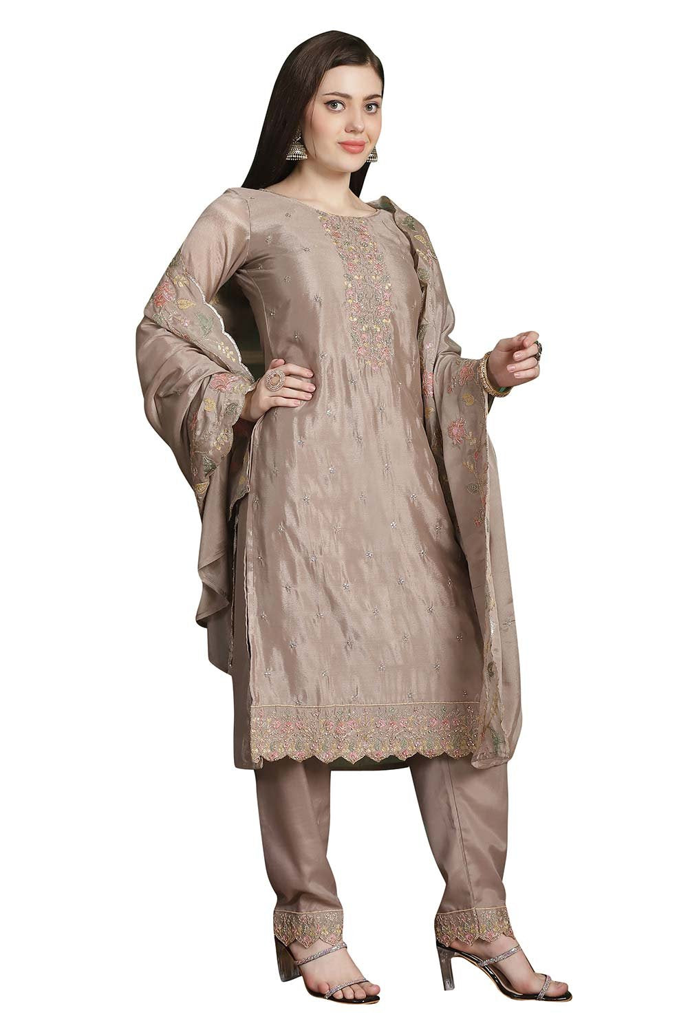 Beige Chinon Chiffon Embroidered Dress Material