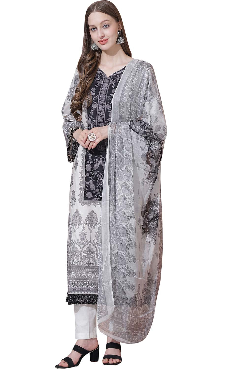 White Cotton Digital Printed Dress Material