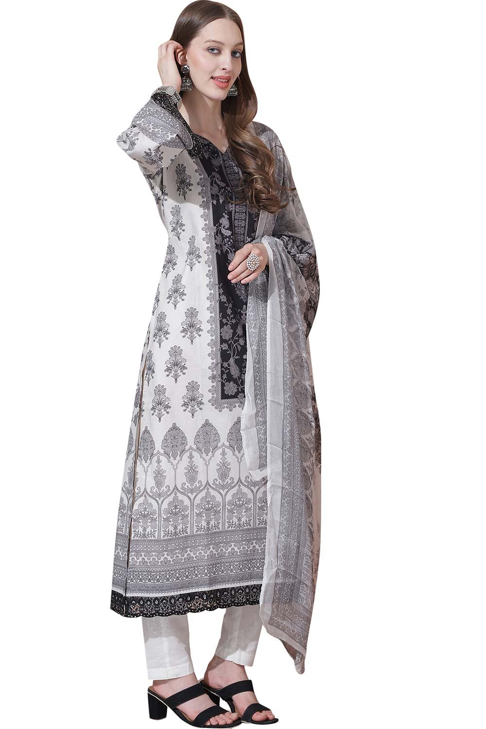 White Cotton Digital Printed Dress Material