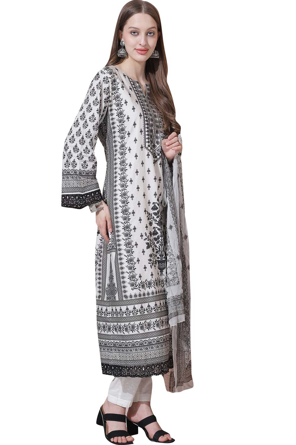 White Cotton Digital Printed Dress Material