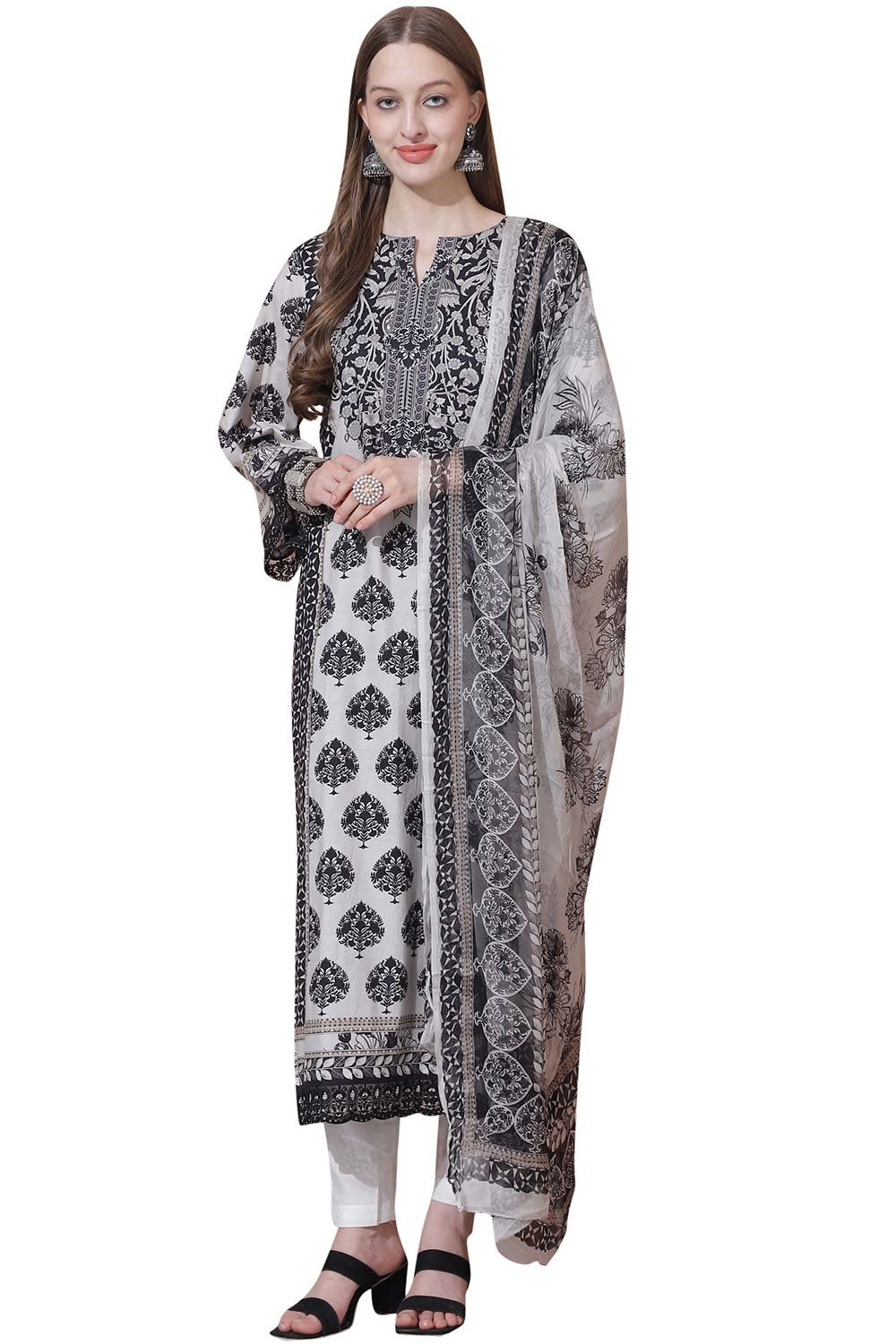 White Cotton Digital Printed Dress Material