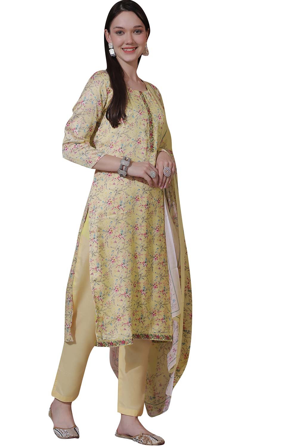 Yellow Satin Digital Printed Dress Material