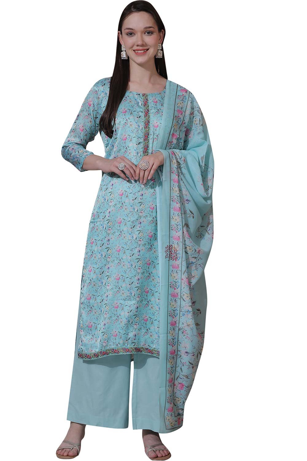 Turquoise Satin Digital Printed Dress Material