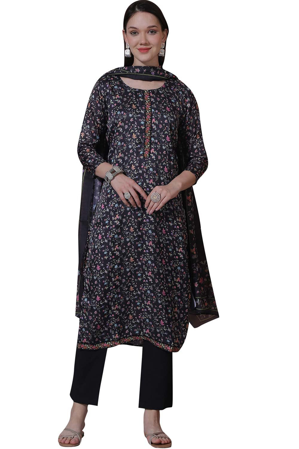 Black Satin Digital Printed Dress Material