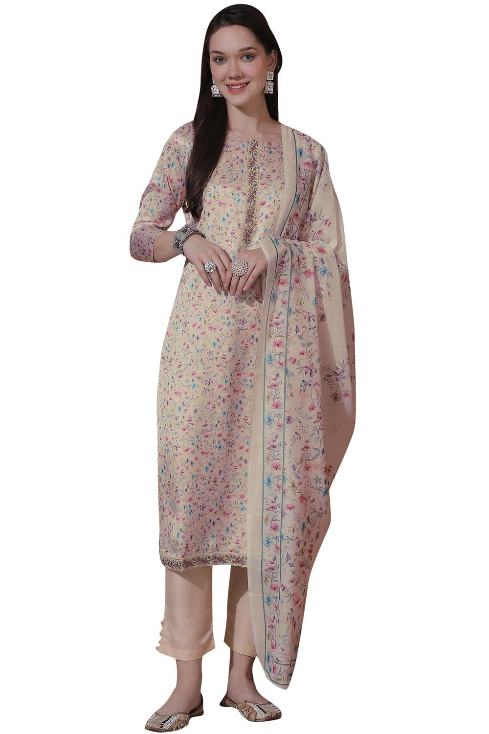 Beige Satin Digital Printed Dress Material