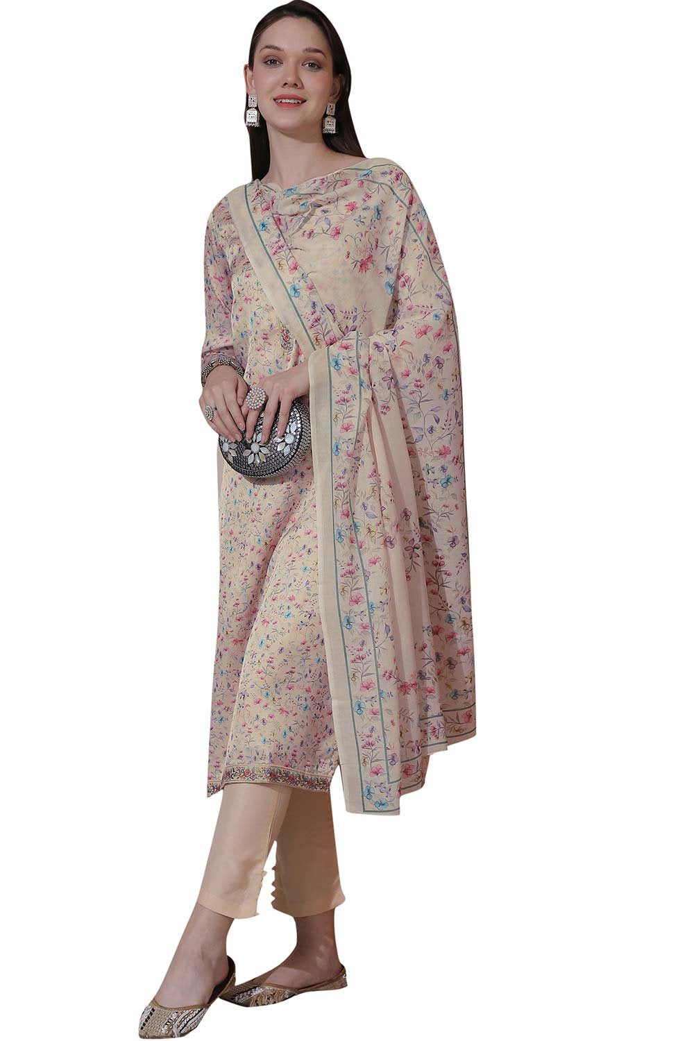 Beige Satin Digital Printed Dress Material