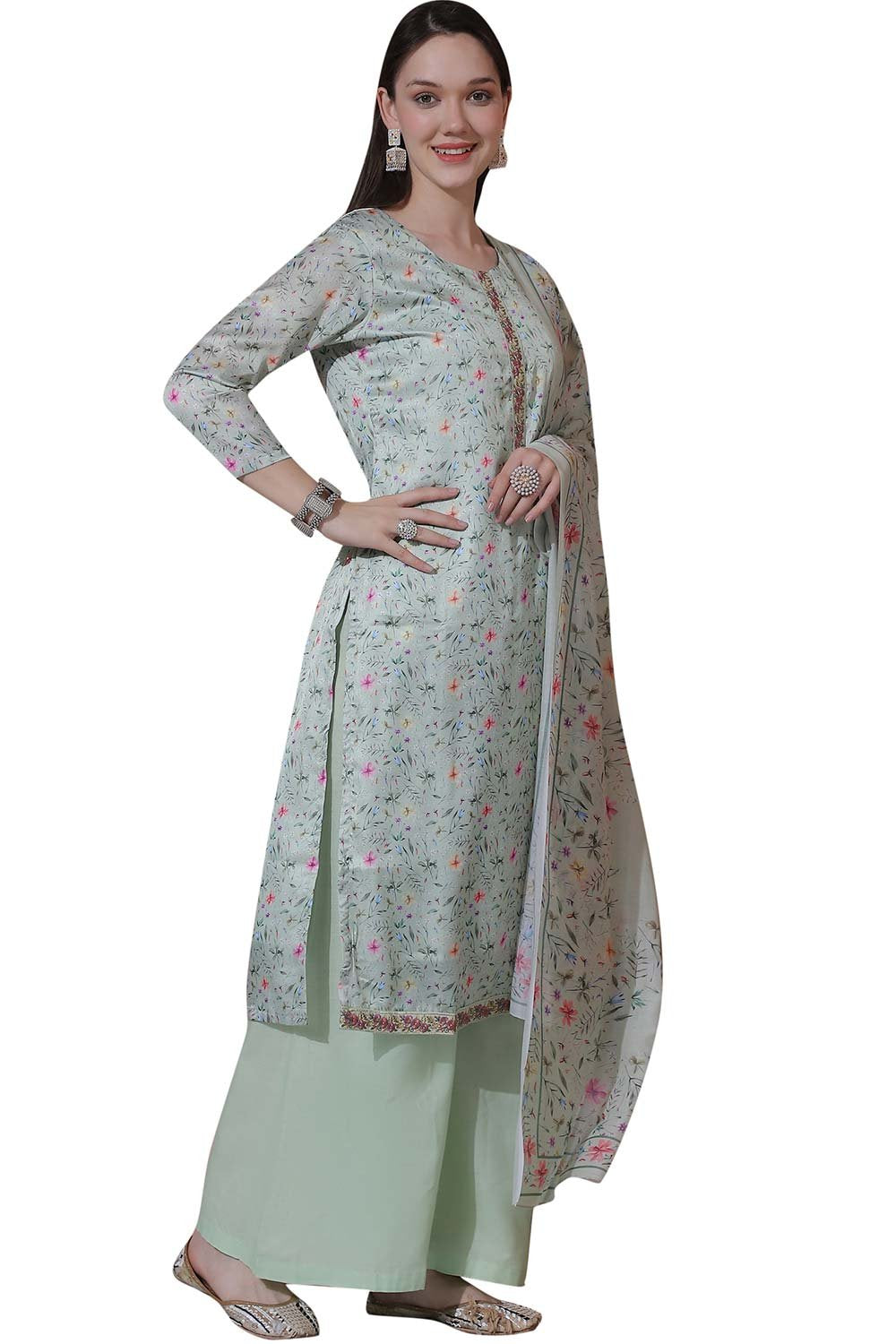 Green Satin Digital Printed Dress Material