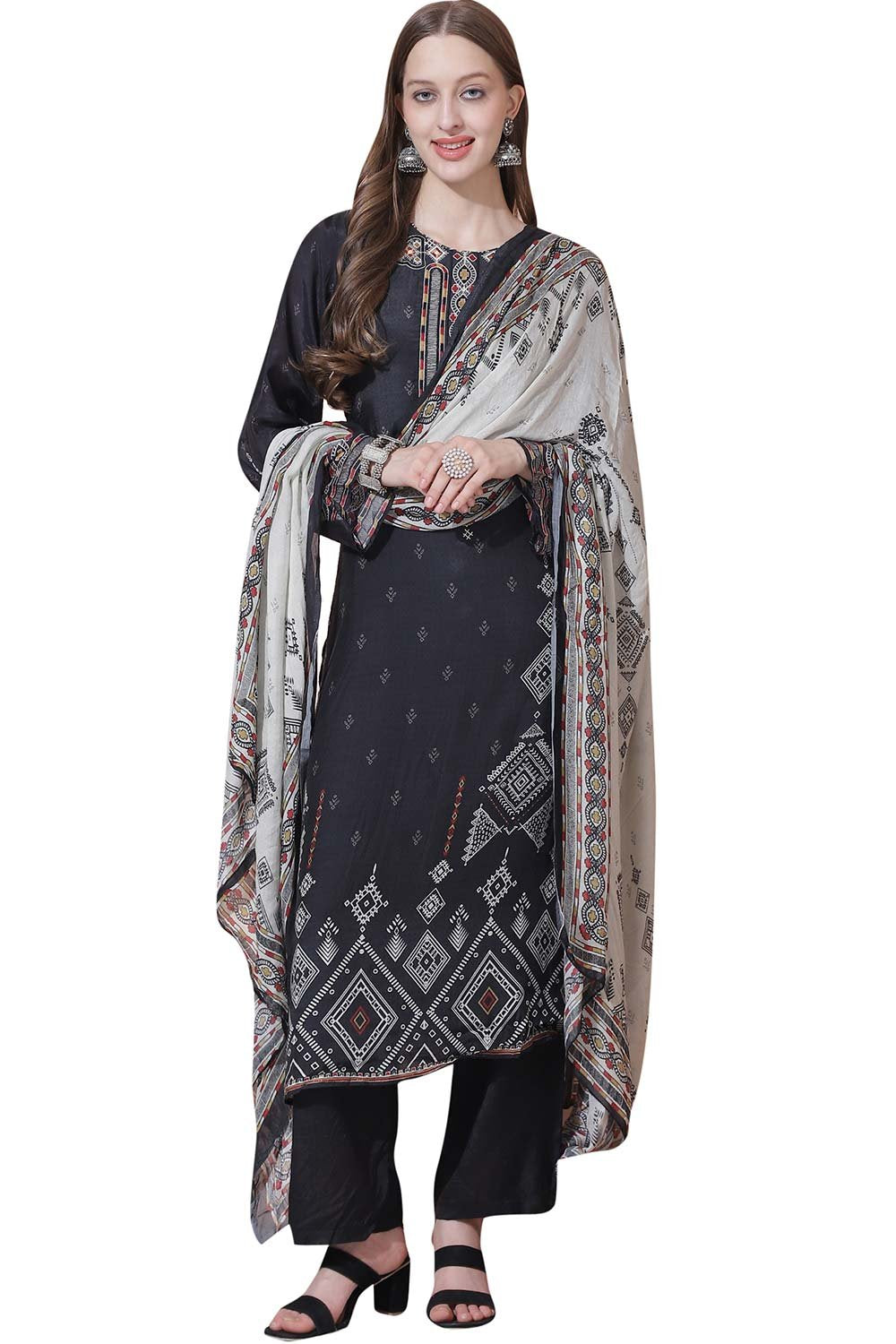 Grey Muslin Embroidered Dress Material