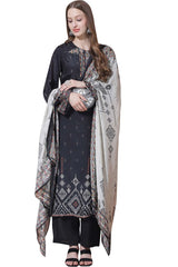 Grey Muslin Embroidered Dress Material