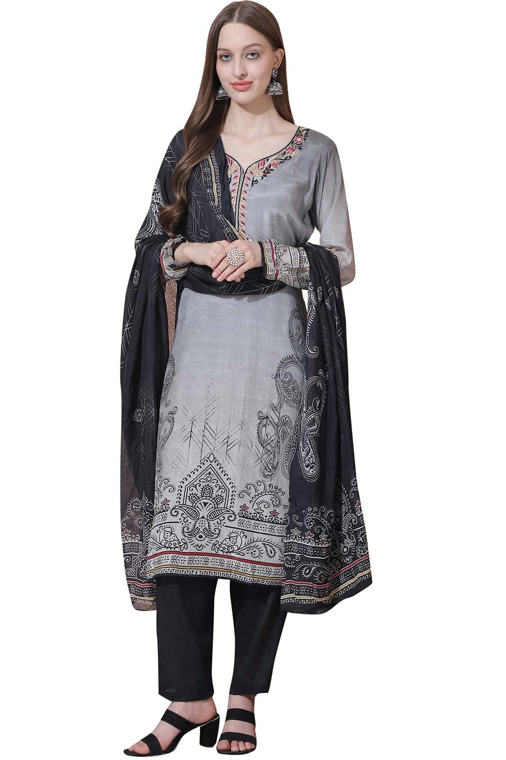 Grey Muslin Embroidered Dress Material