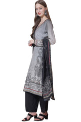 Grey Muslin Embroidered Dress Material