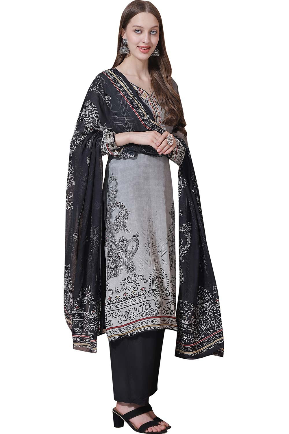 Grey Muslin Embroidered Dress Material