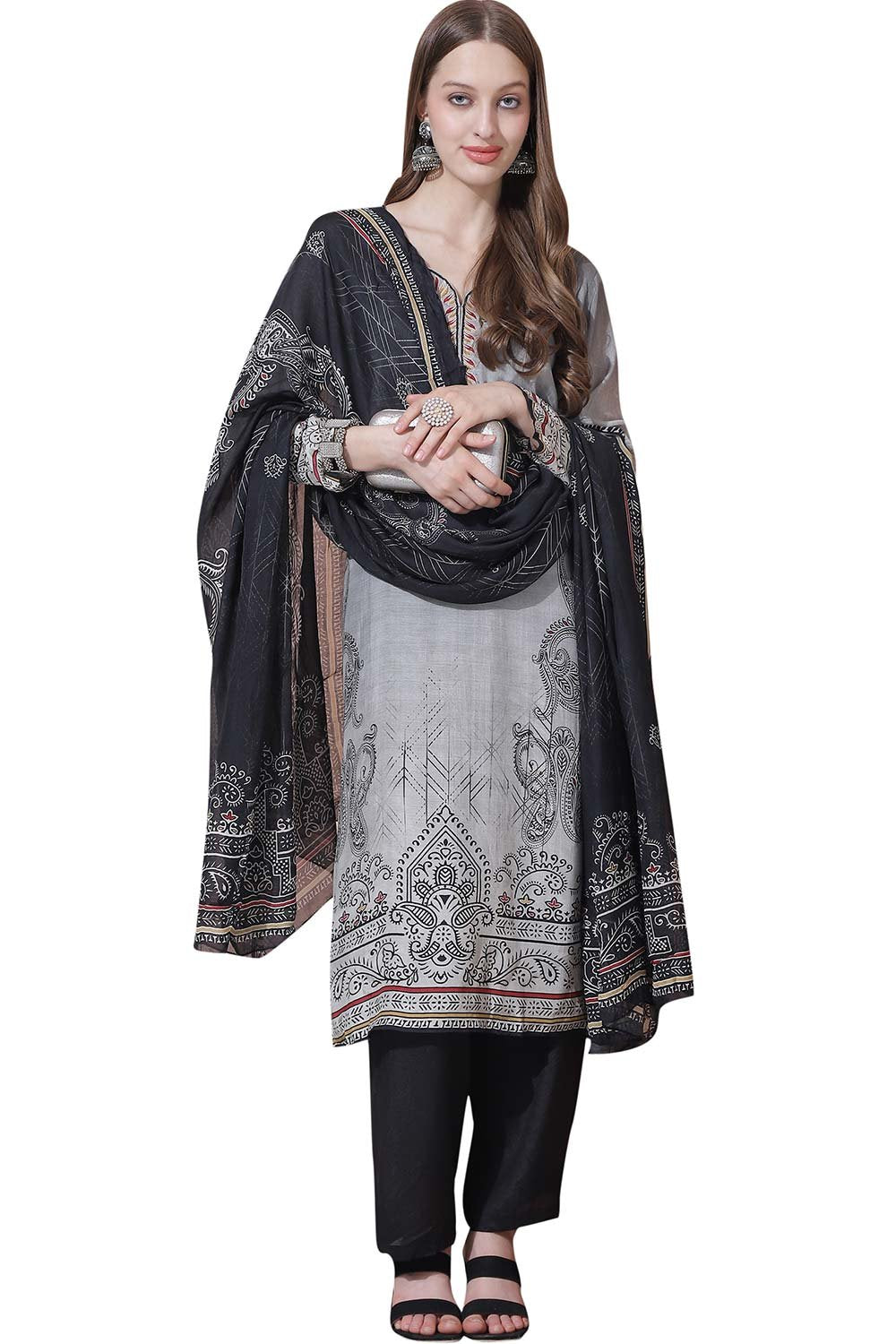 Grey Muslin Embroidered Dress Material