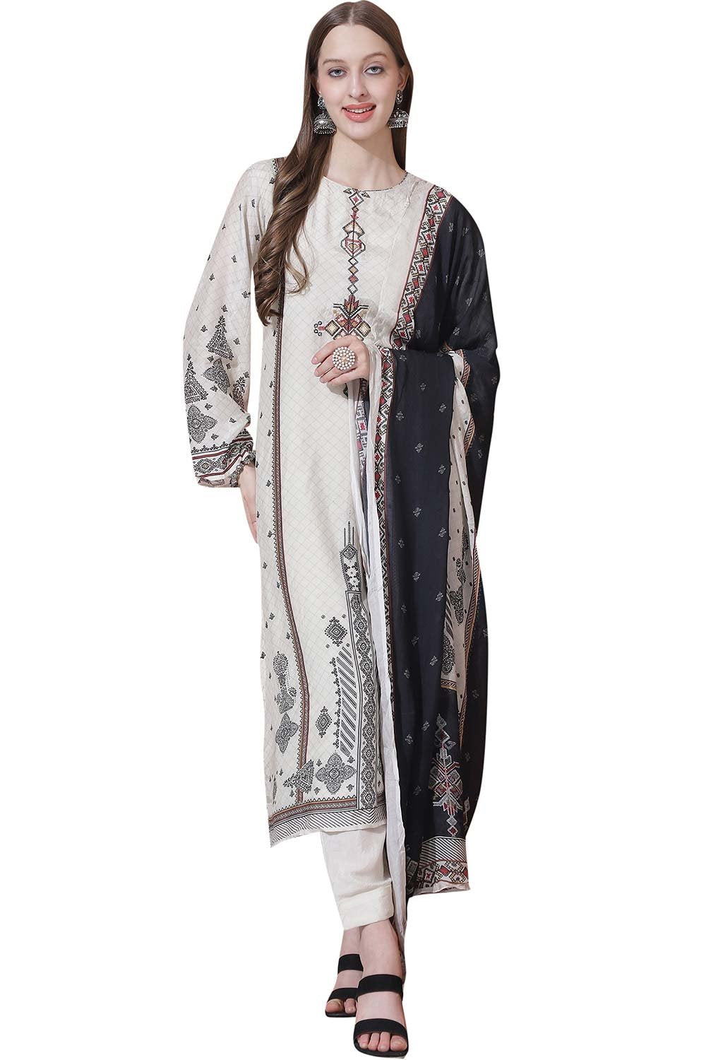 White Muslin Embroidered Dress Material