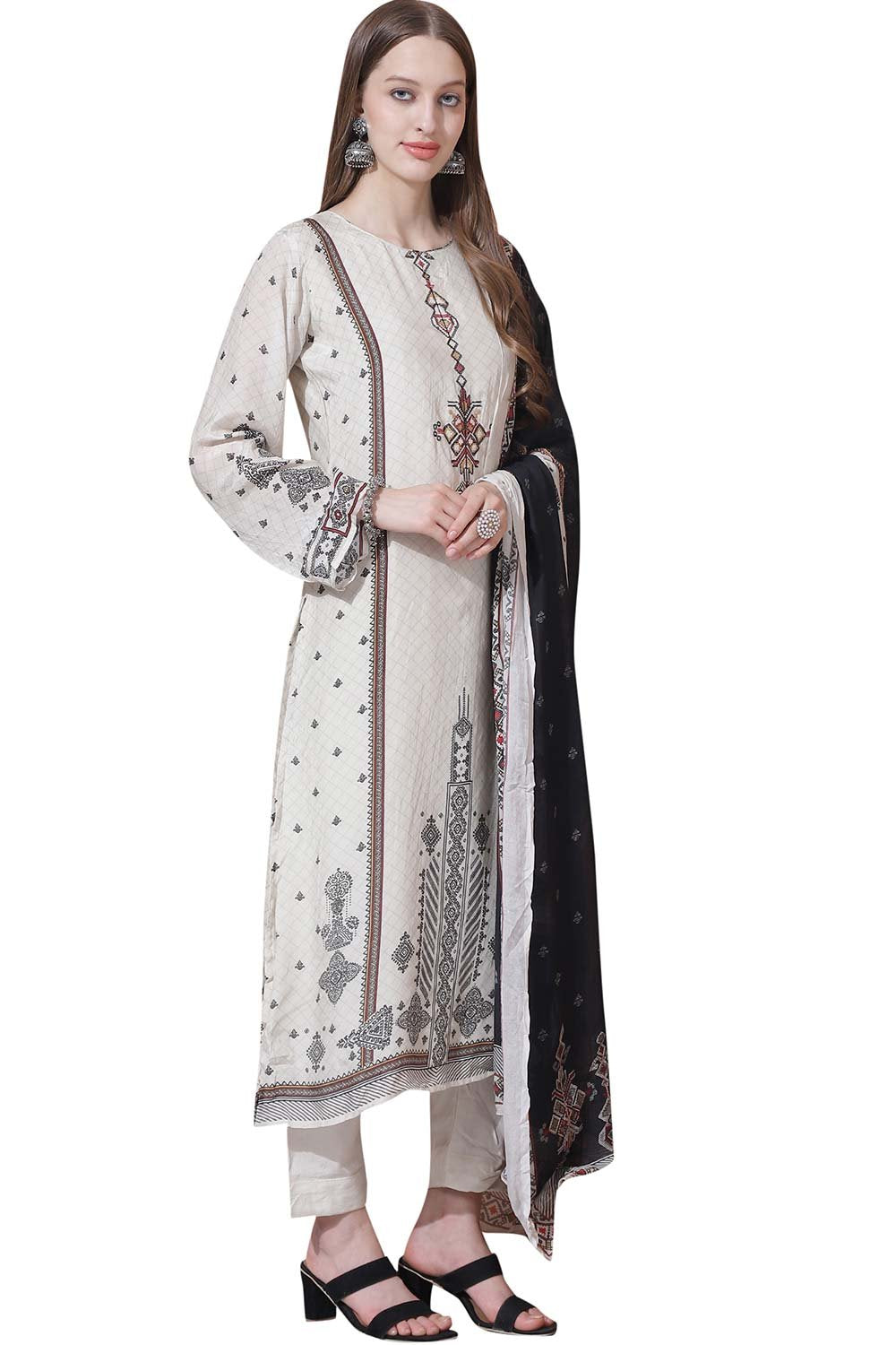 White Muslin Embroidered Dress Material