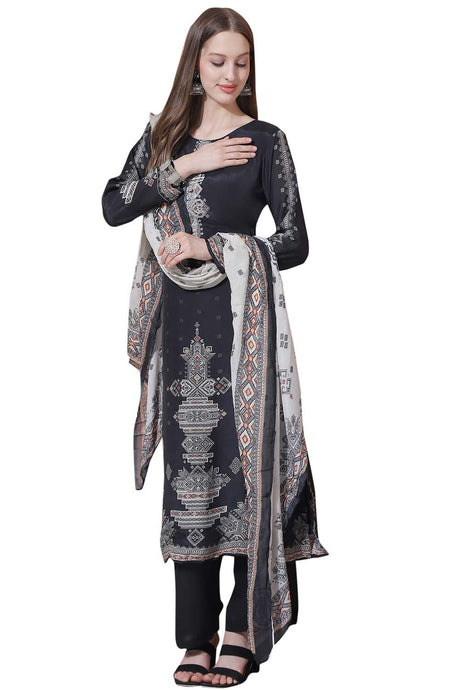 Grey Muslin Embroidered Dress Material