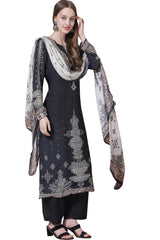 Grey Muslin Embroidered Dress Material