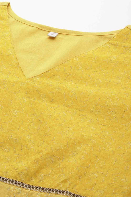 Women's Mustard Cotton Printed V-Neck Kurta