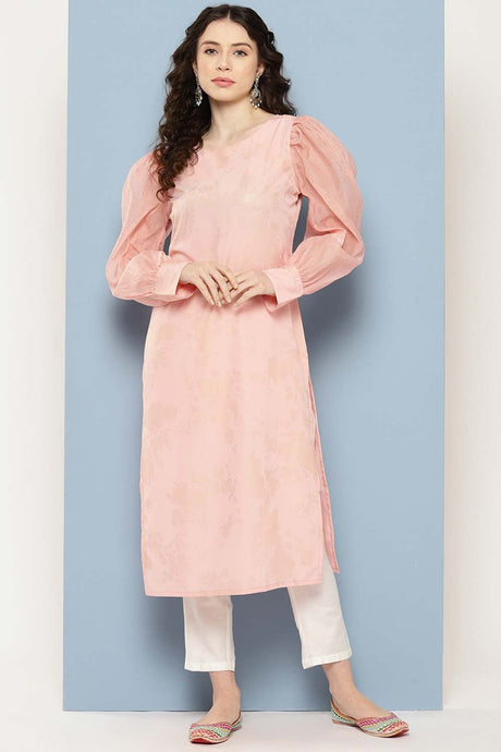 Women's Pink Crepe Long Sleeve Printed Kurta