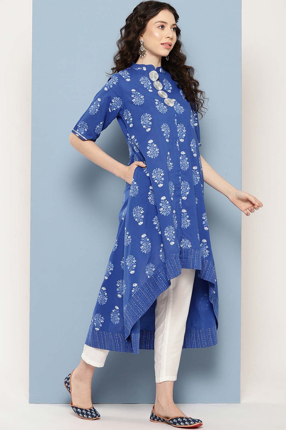 Women's Blue Cotton Printed Kurta