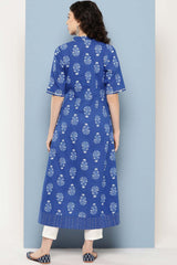 Women's Blue Cotton Printed Kurta