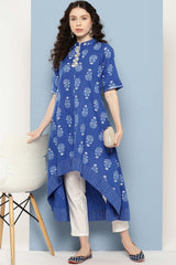 Women's Blue Cotton Printed Kurta