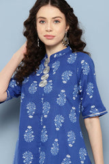 Women's Blue Cotton Printed Kurta