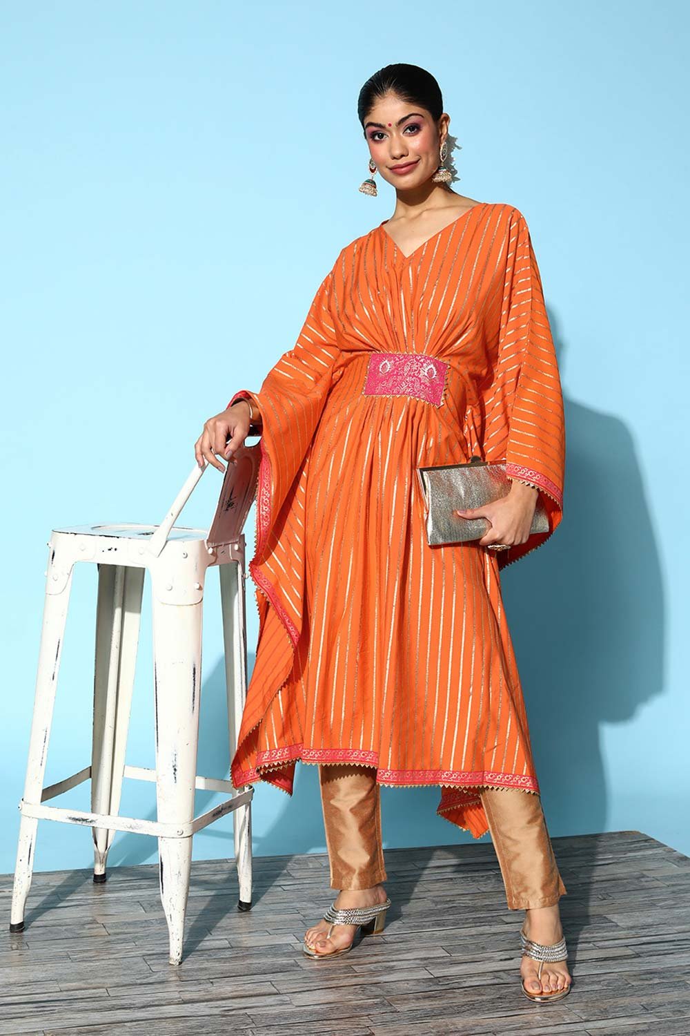 Women's Orange Crepe Striped Kurta