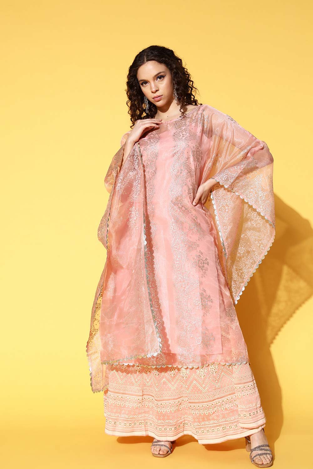 Women's Pink Organza Printed Kurta