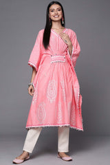 Women's Pink Cotton Printed Kurta