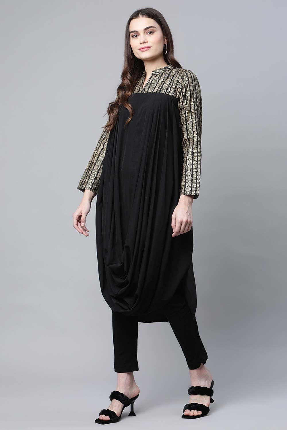 Women's Black Polyester Printed Kurta