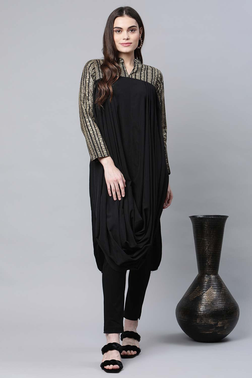 Women's Black Polyester Printed Kurta