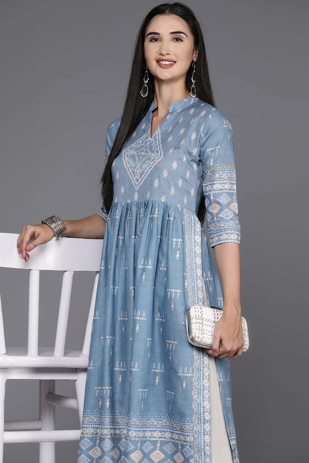 Women's Blue Cotton Printed Kurta