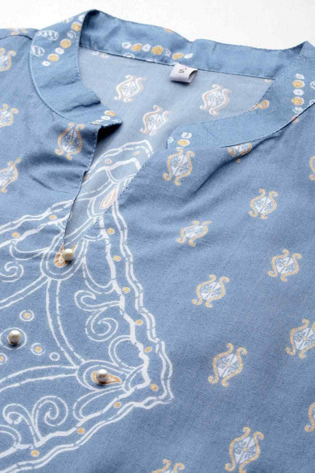 Women's Blue Cotton Printed Kurta
