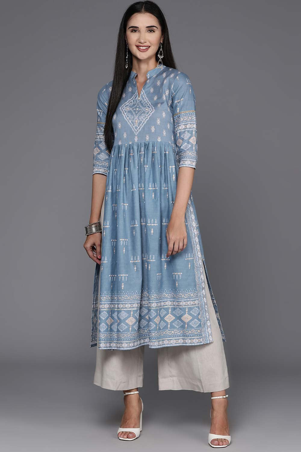 Women's Blue Cotton Printed Kurta