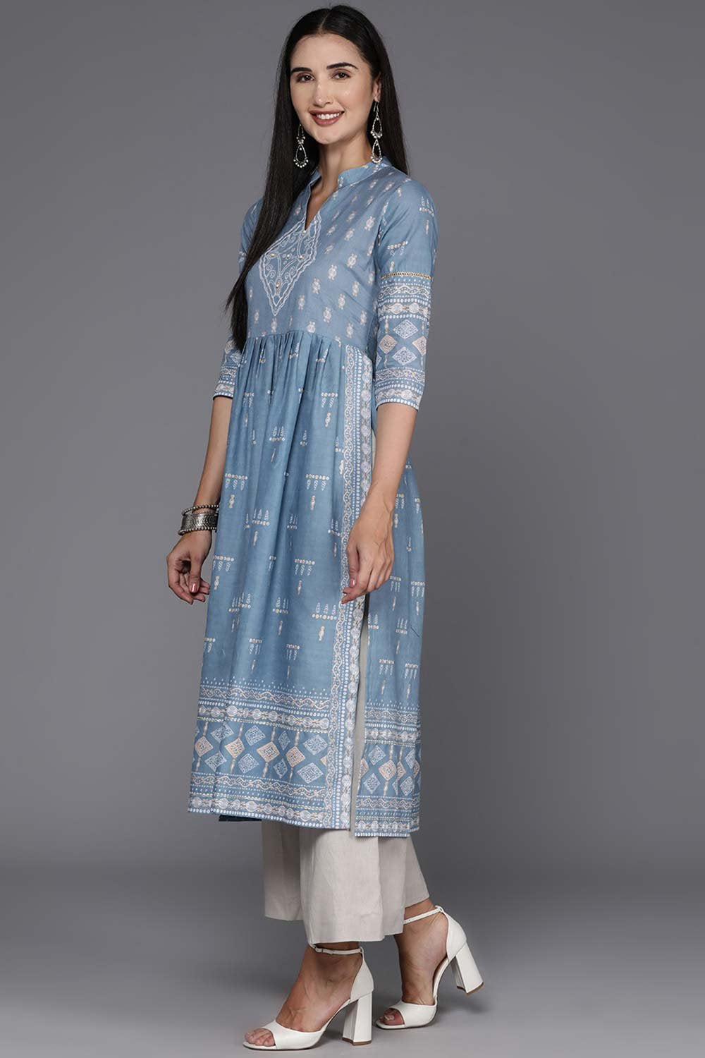 Women's Blue Cotton Printed Kurta