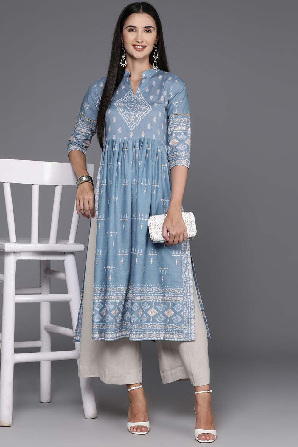 Women's Blue Cotton Printed Kurta