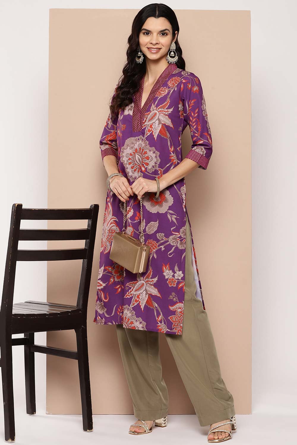 Women's Purple Crepe Printed Kurti