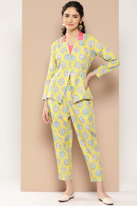 Women's Yellow Cotton Blend Printed Co-Ords Set