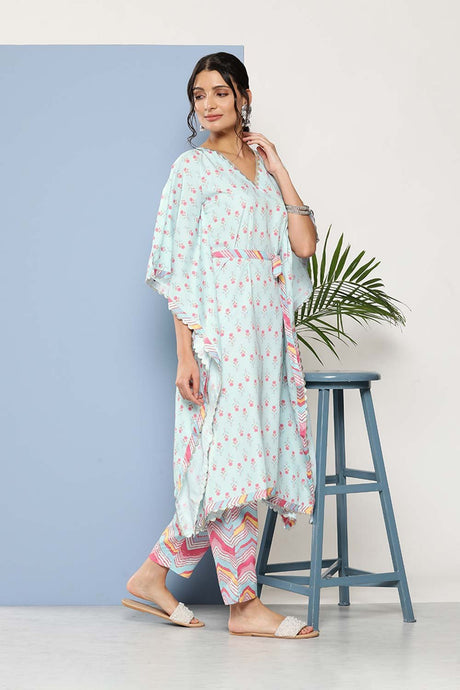 Women's Sea Green Poly Crepe Printed Kurti Set With Dupatta