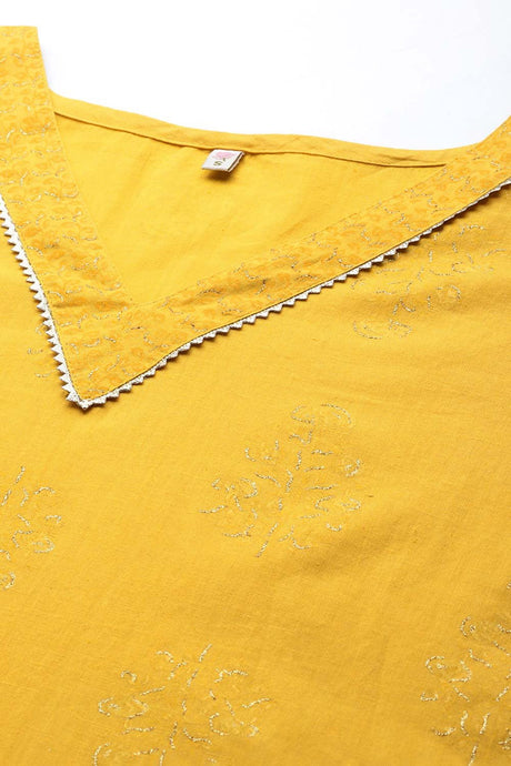Women's Mustard Pure Cotton Printed Kurta Set With Dupatta